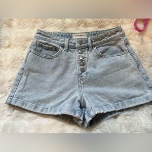 PacSun High Waisted Light Blue Denim Shorts Size 27 Button Fly Distressed